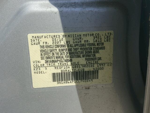 3N1AB6AP1CL740549 - 2012 NISSAN SENTRA 2.0 SILVER photo 10