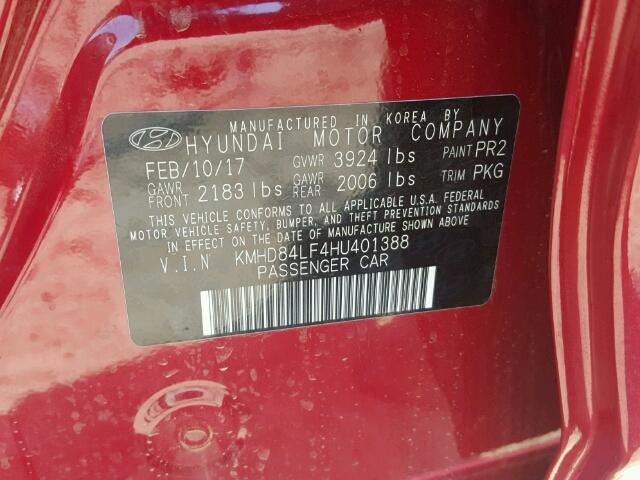 KMHD84LF4HU401388 - 2017 HYUNDAI ELANTRA RED photo 10