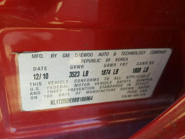 KL1TD5DE9BB186964 - 2011 CHEVROLET AVEO LS RED photo 10