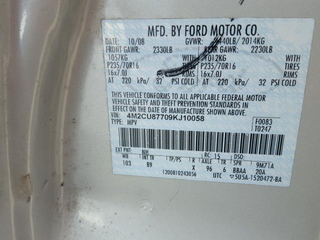 4M2CU87709KJ10058 - 2009 MERCURY MARINER PR CREAM photo 10