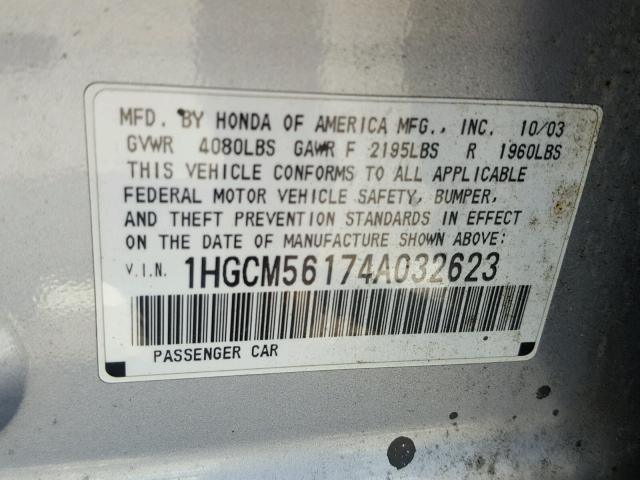 1HGCM56174A032623 - 2004 HONDA ACCORD DX SILVER photo 10