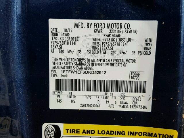 1FTFW1EF6DKD52912 - 2013 FORD F150 SUPER BLUE photo 10