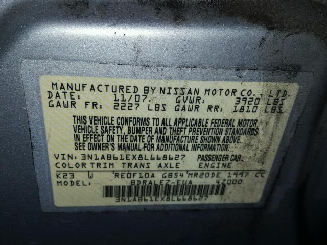 3N1AB61EX8L668627 - 2008 NISSAN SENTRA 2.0 SILVER photo 10