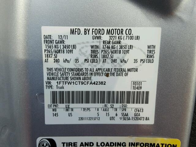 1FTFW1CT9CFA42382 - 2012 FORD F150 SILVER photo 10