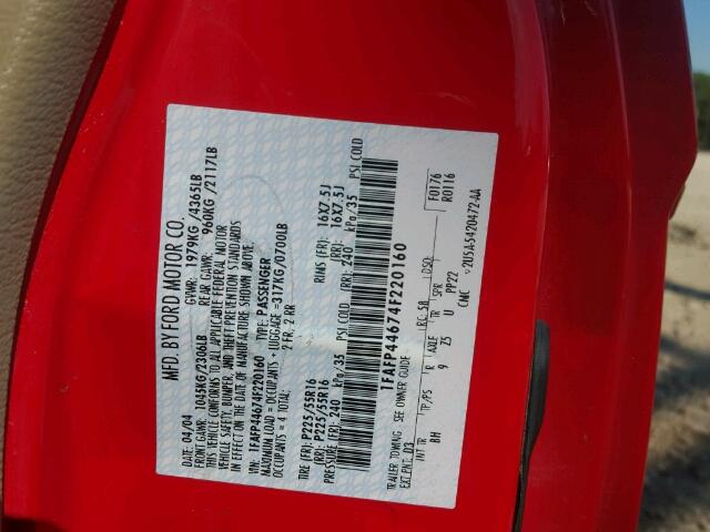 1FAFP44674F220160 - 2004 FORD MUSTANG RED photo 10