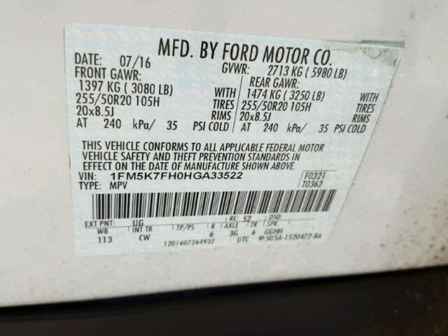 1FM5K7FH0HGA33522 - 2017 FORD EXPLORER L WHITE photo 10