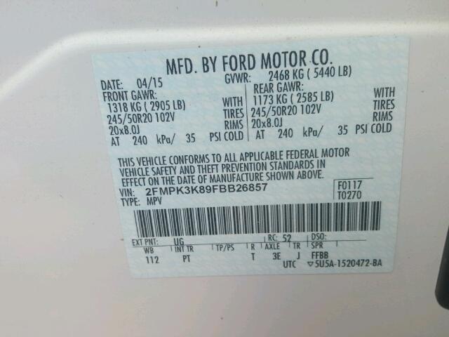 2FMPK3K89FBB26857 - 2015 FORD EDGE TITAN WHITE photo 10