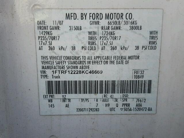 1FTRF12228KC46669 - 2008 FORD F150 WHITE photo 10