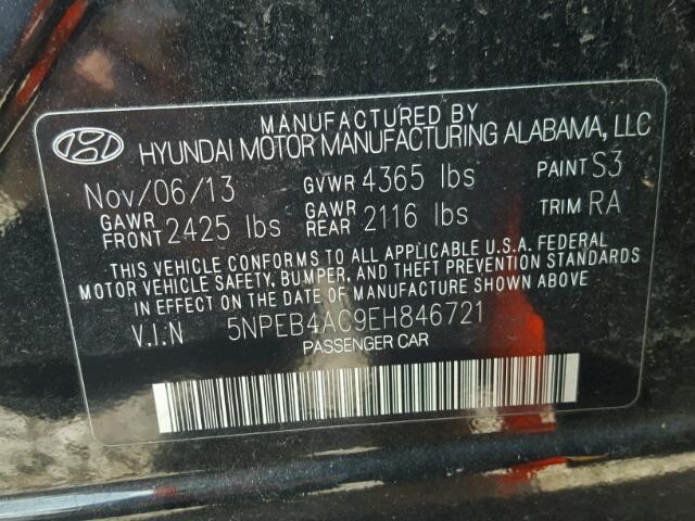 5NPEB4AC9EH846721 - 2014 HYUNDAI SONATA GLS BLACK photo 10