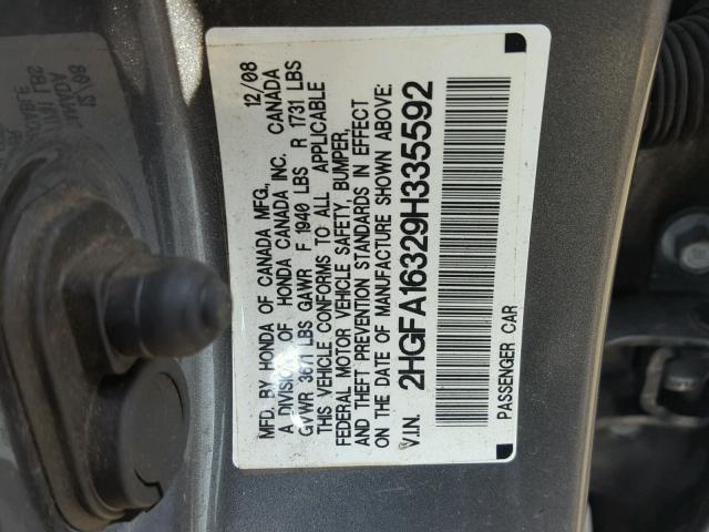 2HGFA16329H335592 - 2009 HONDA CIVIC VP CHARCOAL photo 10