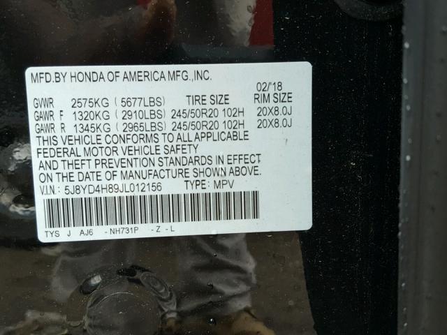 5J8YD4H89JL012156 - 2018 ACURA MDX ADVANC 黑色 照片 10