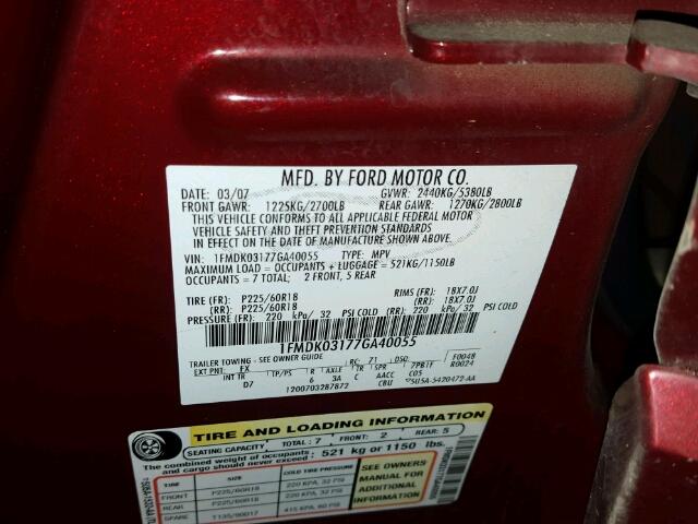 1FMDK03177GA40055 - 2007 FORD FREESTYLE BURGUNDY photo 10