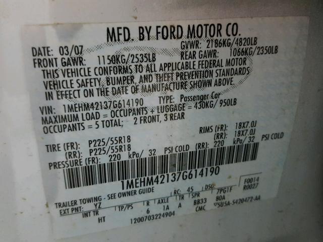 1MEHM42137G614190 - 2007 MERCURY MONTEGO PR 白色 照片 10