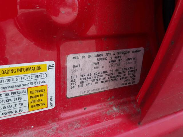 KL1TD56688B046998 - 2008 CHEVROLET AVEO BASE Կարմիր լուսանկար 10