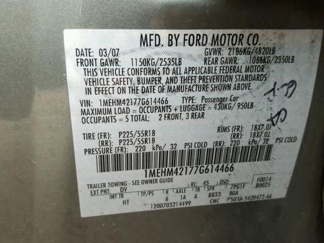 1MEHM42177G614466 - 2007 MERCURY MONTEGO PR 青色 照片 10