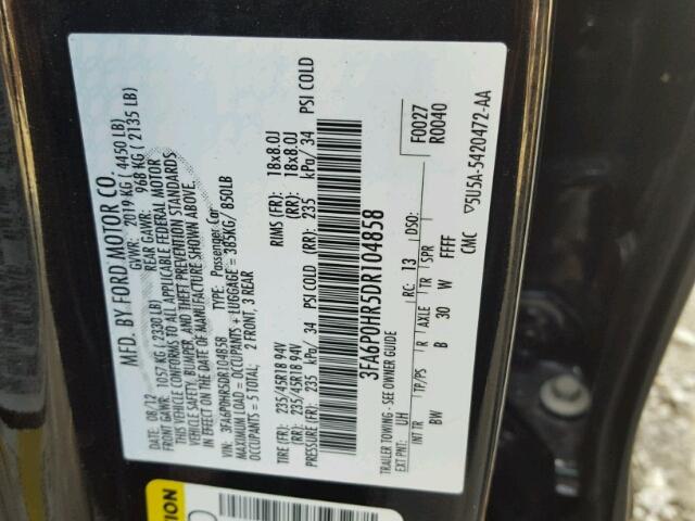 3FA6P0HR5DR104858 - 2013 FORD FUSION SE BLACK photo 10