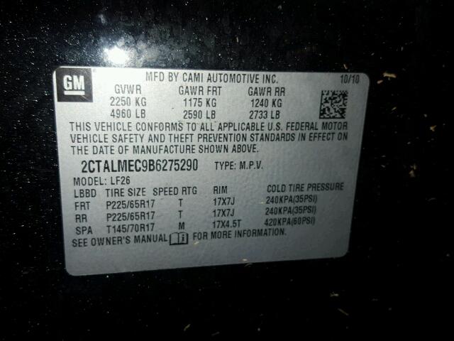 2CTALMEC9B6275290 - 2011 GMC TERRAIN SL BLACK photo 10