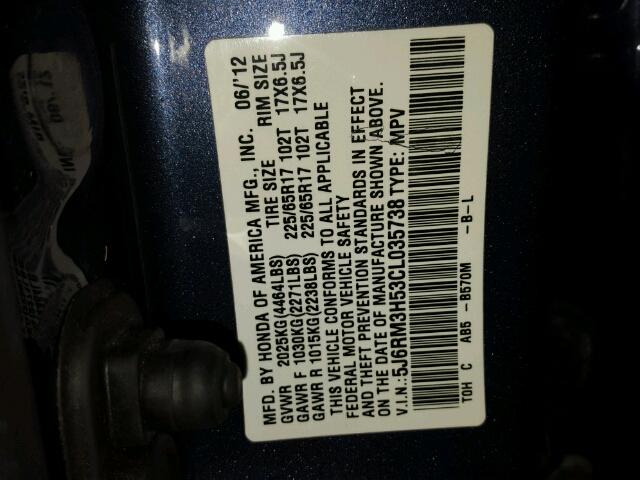 5J6RM3H53CL035738 - 2012 HONDA CR-V BLUE photo 10