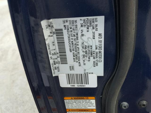 1FMZU73E55UC01089 - 2005 FORD EXPLORER X BLUE photo 10