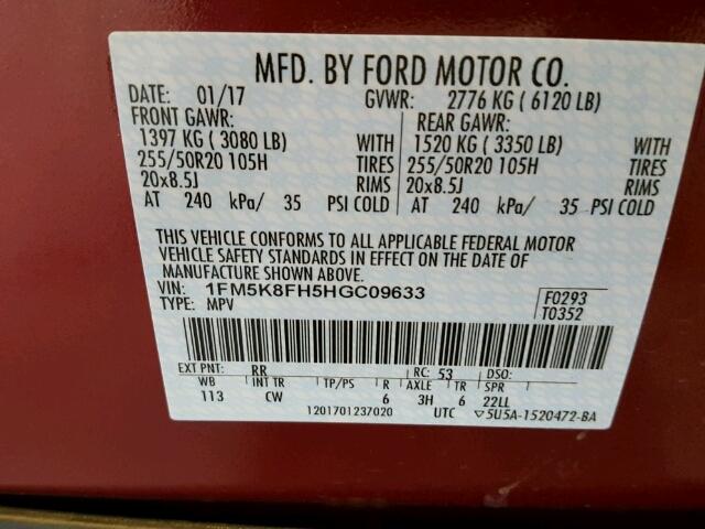 1FM5K8FH5HGC09633 - 2017 FORD EXPLORER RED photo 10