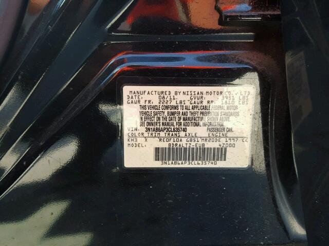 3N1AB6AP3CL635740 - 2012 NISSAN SENTRA/S/S BLACK photo 10