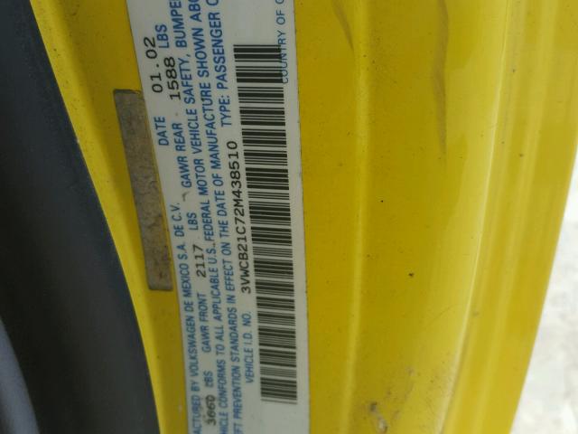 3VWCB21C72M438510 - 2002 VOLKSWAGEN NEW BEETLE 黄色 照片 10