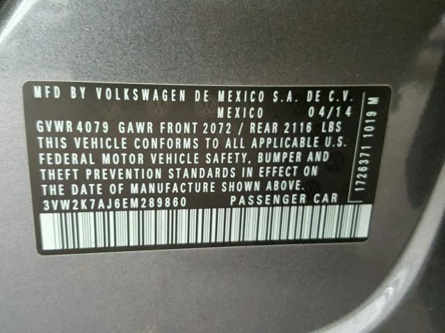 3VW2K7AJ6EM289860 - 2014 VOLKSWAGEN JETTA BASE 灰色 照片 10
