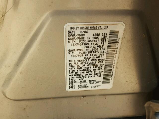 JN8AZ08T34W221351 - 2004 NISSAN MURANO GRAY photo 10