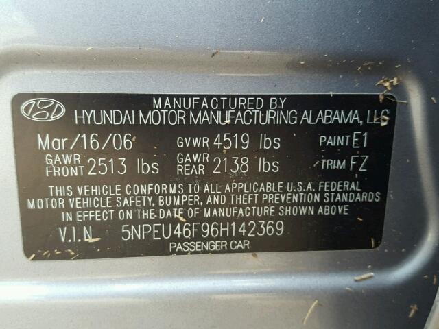 5NPEU46F96H142369 - 2006 HYUNDAI SONATA GLS SILVER photo 10