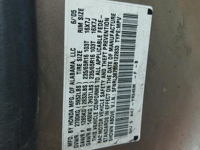 5FNRL38755B122833 - 2005 HONDA ODYSSEY EX TAN photo 10