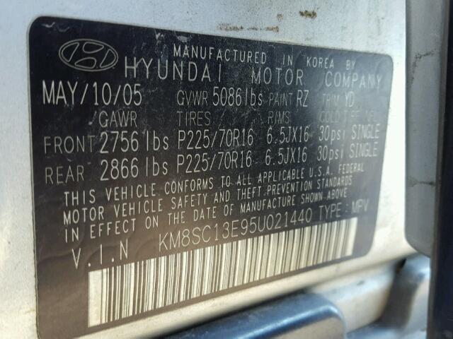 KM8SC13E95U021440 - 2005 HYUNDAI SANTA FE G SILVER photo 10