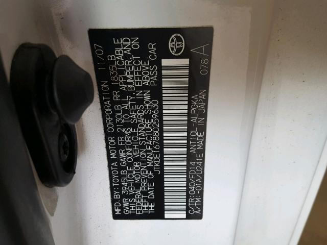 JTKDE167880259630 - 2008 TOYOTA SCION TC 白色 照片 10