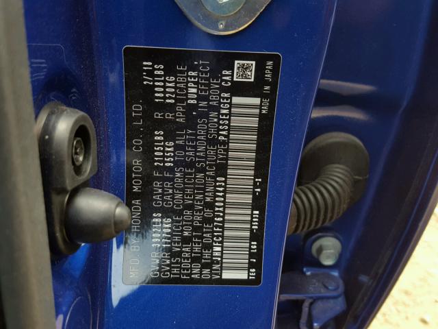 JHMFC1F76JX004430 - 2018 HONDA CIVIC EXL 蓝色 照片 10