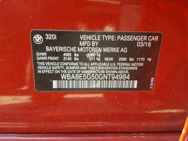 WBA8E5G50GNT94984 - 2016 BMW 320 XI RED photo 10