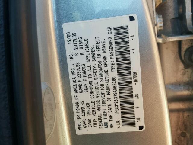 1HGCP26379A083280 - 2009 HONDA ACCORD GRAY photo 10