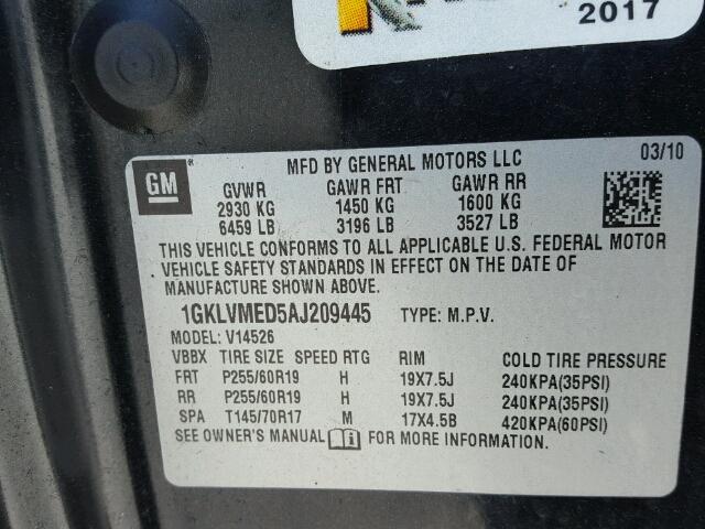 1GKLVMED5AJ209445 - 2010 GMC ACADIA SLT შავი ფოტო 10