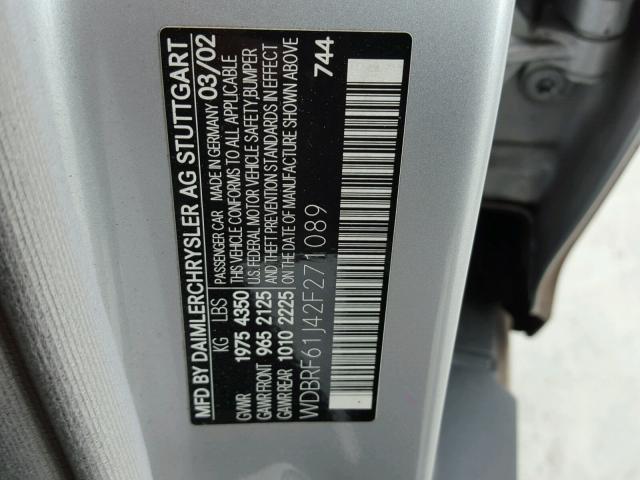 WDBRF61J42F271089 - 2002 MERCEDES-BENZ C 240 GRAY photo 10