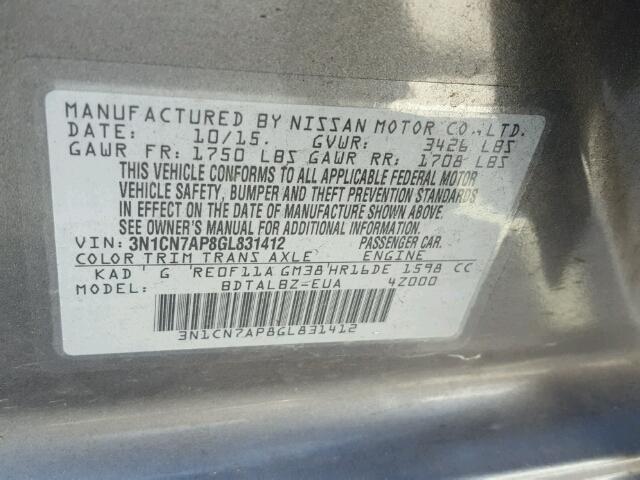 3N1CN7AP8GL831412 - 2016 NISSAN VERSA S GRAY photo 10