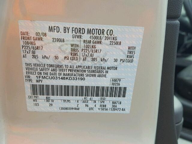 1FMCU03148KD33190 - 2008 FORD ESCAPE XLT WHITE photo 10