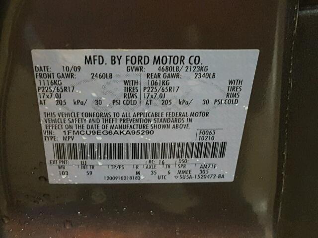 1FMCU9EG6AKA95290 - 2010 FORD ESCAPE LIM GRAY photo 10