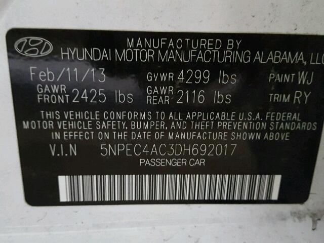 5NPEC4AC3DH692017 - 2013 HYUNDAI SONATA WHITE photo 10