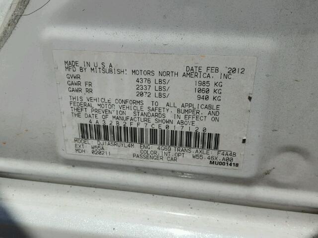 4A32B2FF7CE017120 - 2012 MITSUBISHI GALANT WHITE photo 10