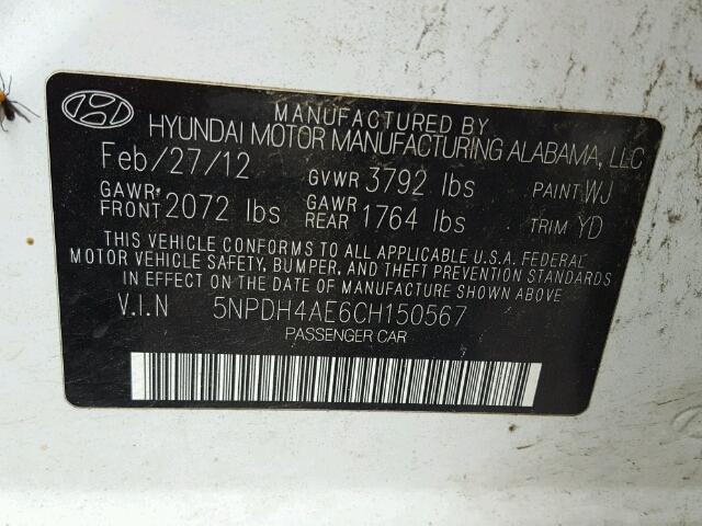 5NPDH4AE6CH150567 - 2012 HYUNDAI ELANTRA GL WHITE photo 10