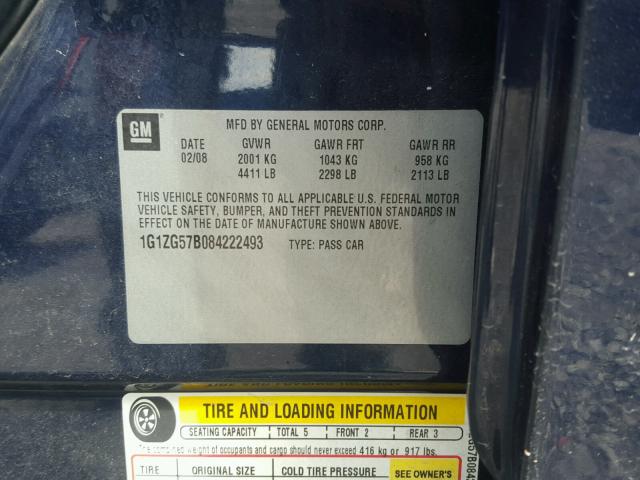 1G1ZG57B084222493 - 2008 CHEVROLET MALIBU LS BLUE photo 10