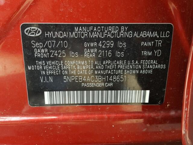 5NPEB4AC3BH148651 - 2011 HYUNDAI SONATA GLS RED photo 10