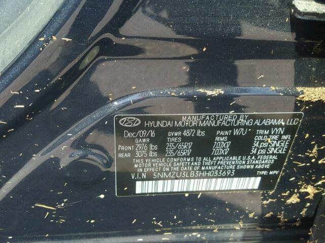 5NMZU3LB3HH033693 - 2017 HYUNDAI SANTA FE S 蓝色 照片 10