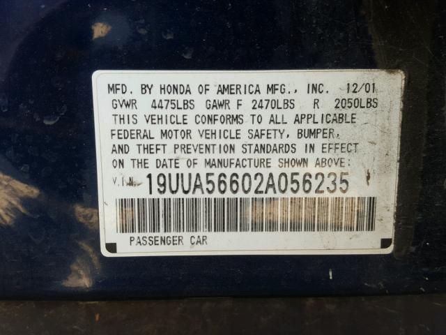 19UUA56602A056235 - 2002 ACURA 3.2TL BLUE photo 10