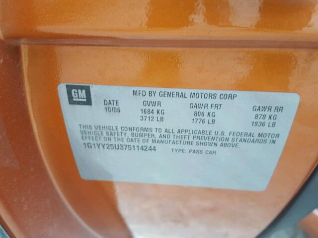 1G1YY25U375114244 - 2007 CHEVROLET CORVETTE ORANGE photo 10