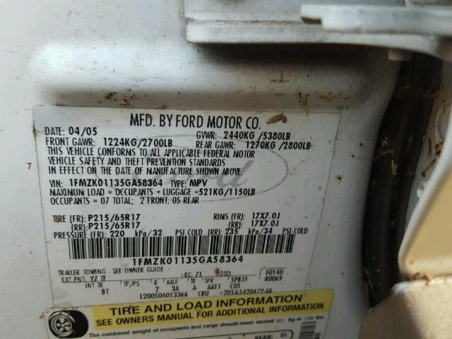 1FMZK01135GA58364 - 2005 FORD FREESTYLE WHITE photo 10