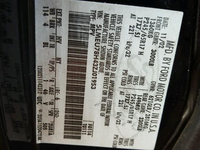 5LMEU78H43ZJ01953 - 2003 LINCOLN AVIATOR 黑色 照片 10